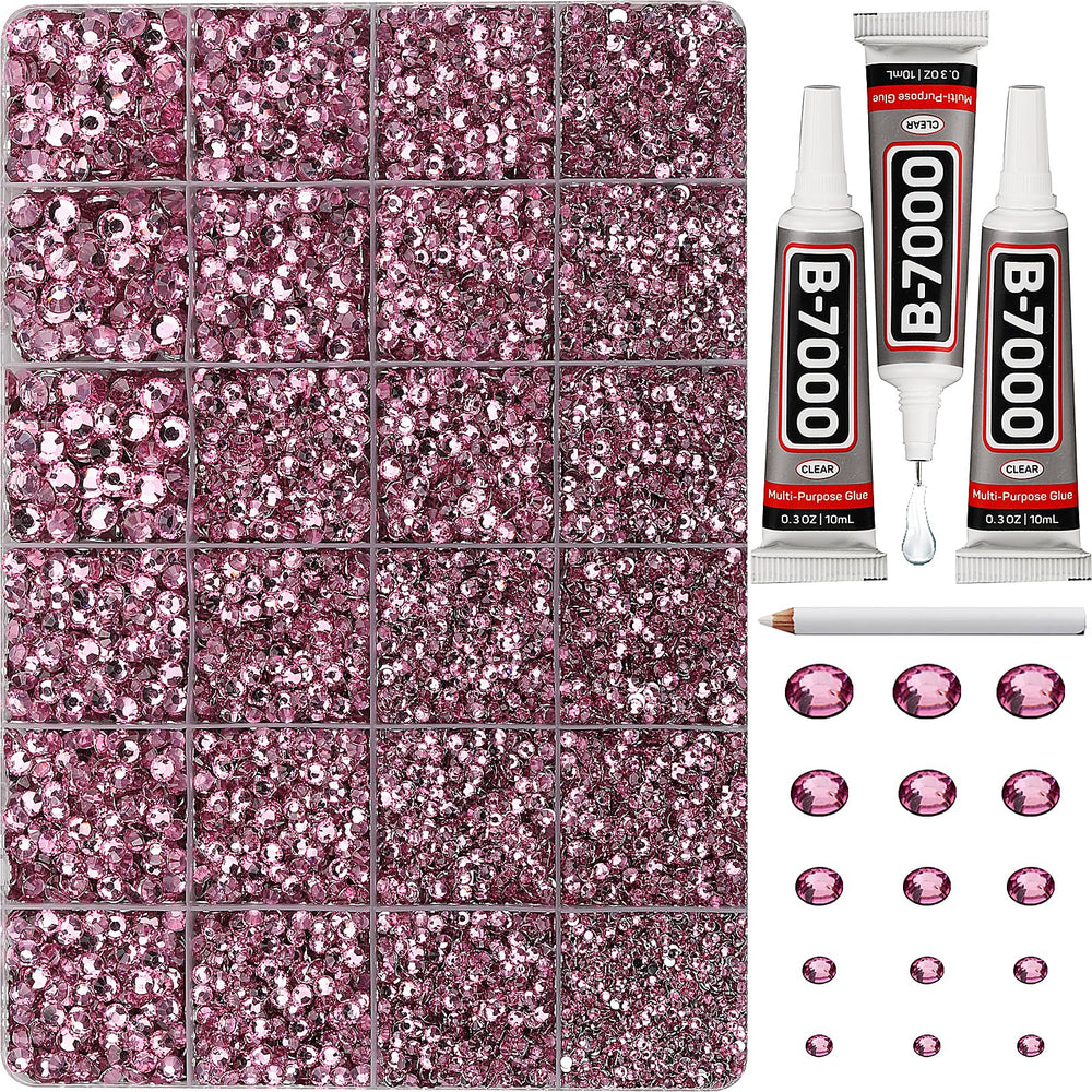 Worthofbest pink rhinestones in a 24-grid pack for easy DIY embellishments.