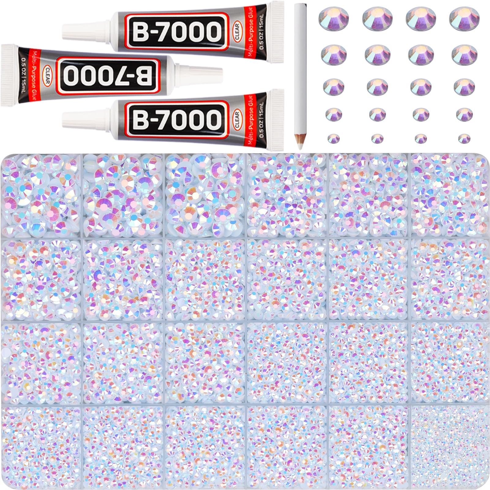 Worthofbest white AB rhinestones in a 24-grid tray for organized jewelry making.