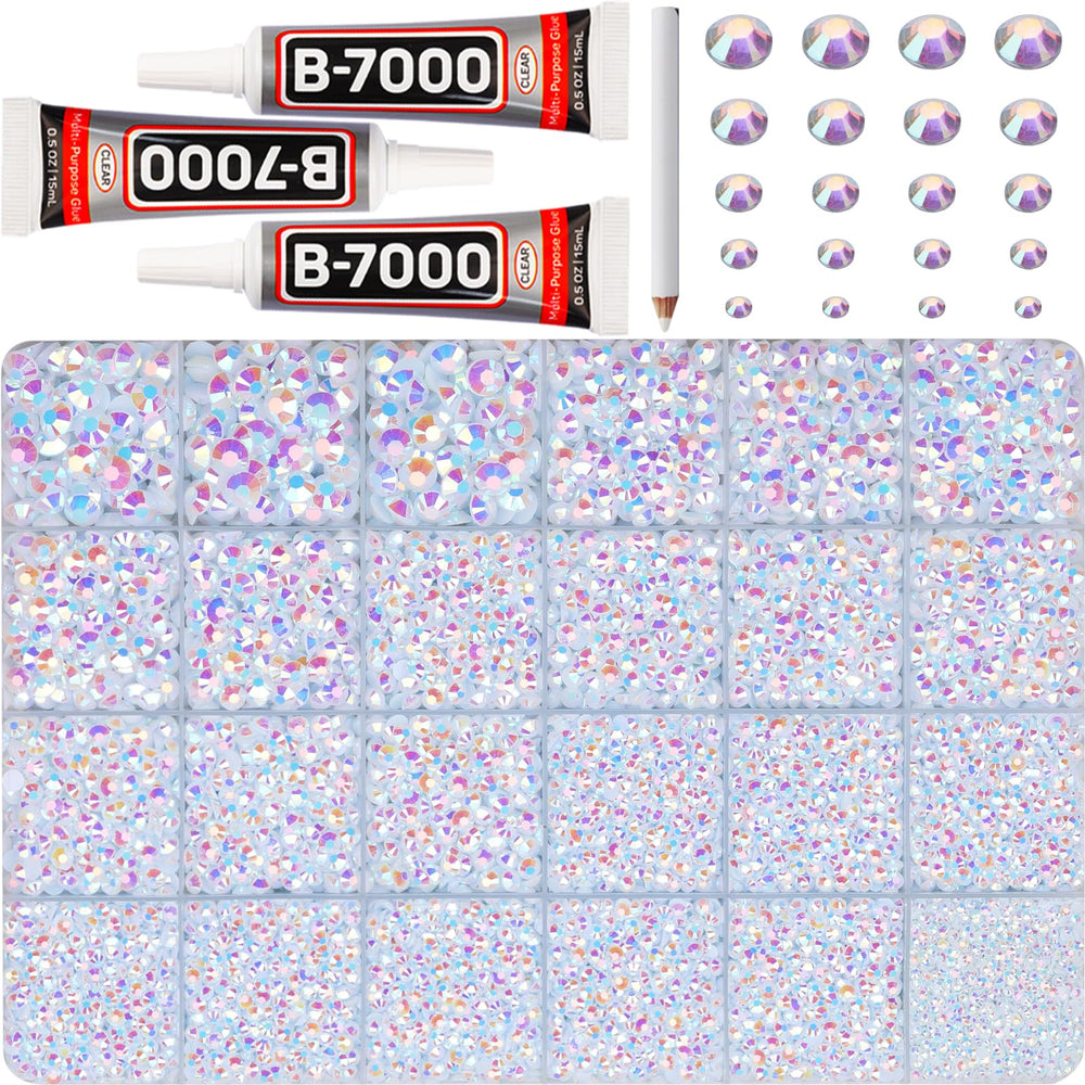 Worthofbest white AB rhinestones in a 24-grid tray for organized jewelry making.