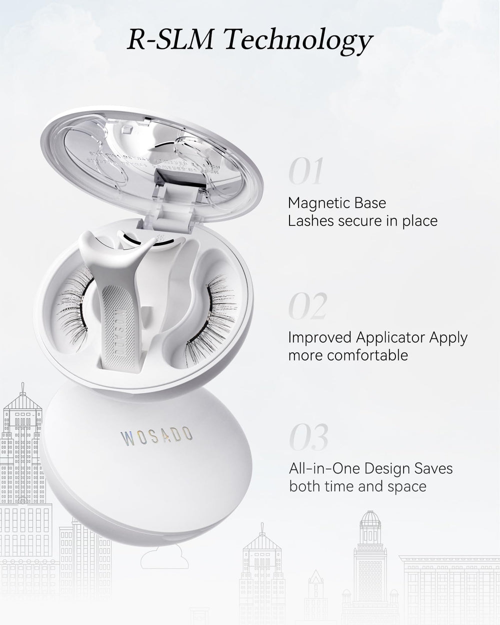 WOSADO feather-weight lashes illustrate lightweight comfort for all-day wear.