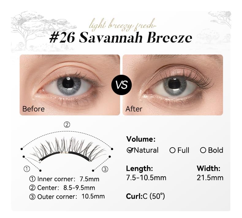 WOSADO Savannah Breez lightweight 0.034 g lashes for feather-light comfort.