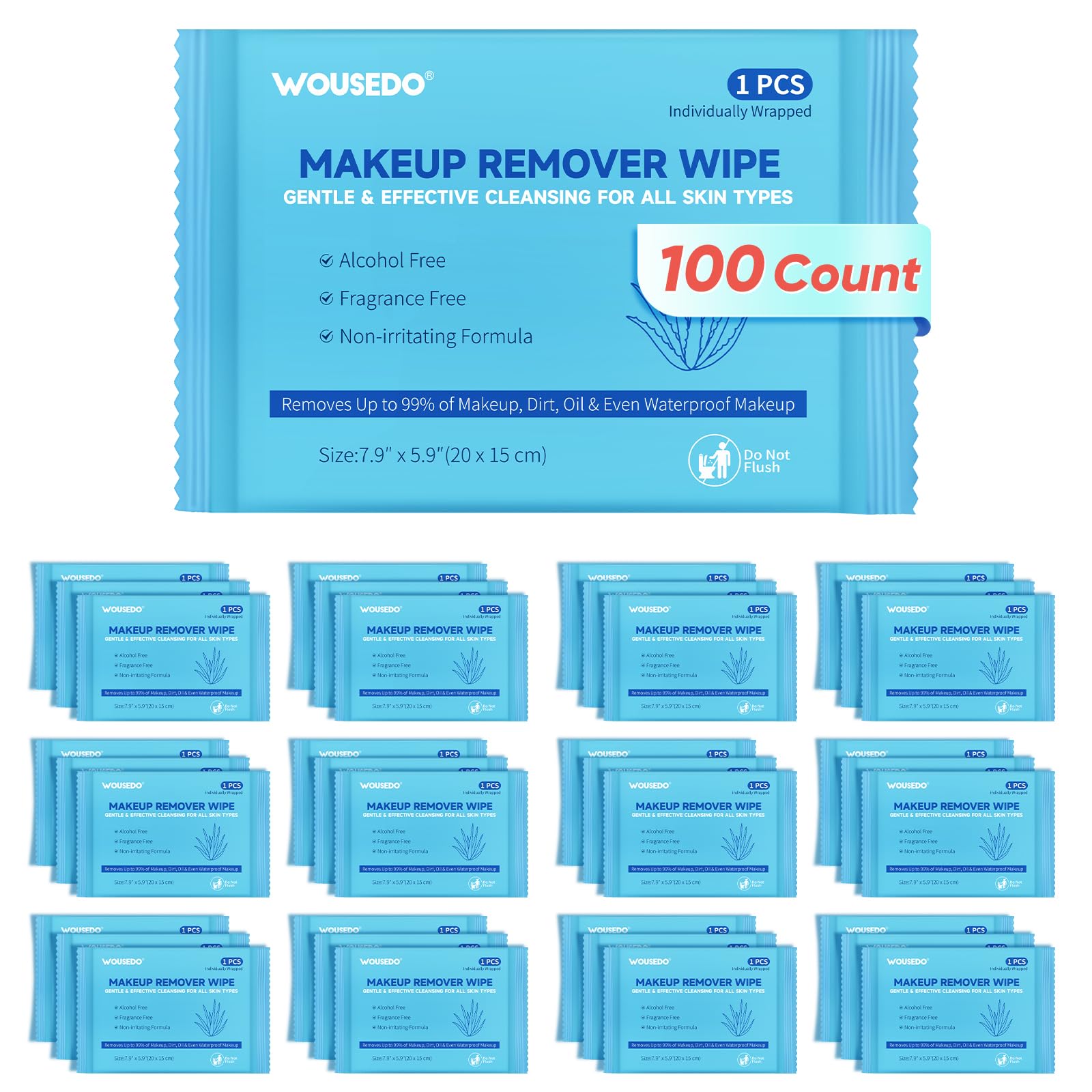 WOUSEDO makeup remover wipes 100-count pack for gentle, skin-friendly cleansing.