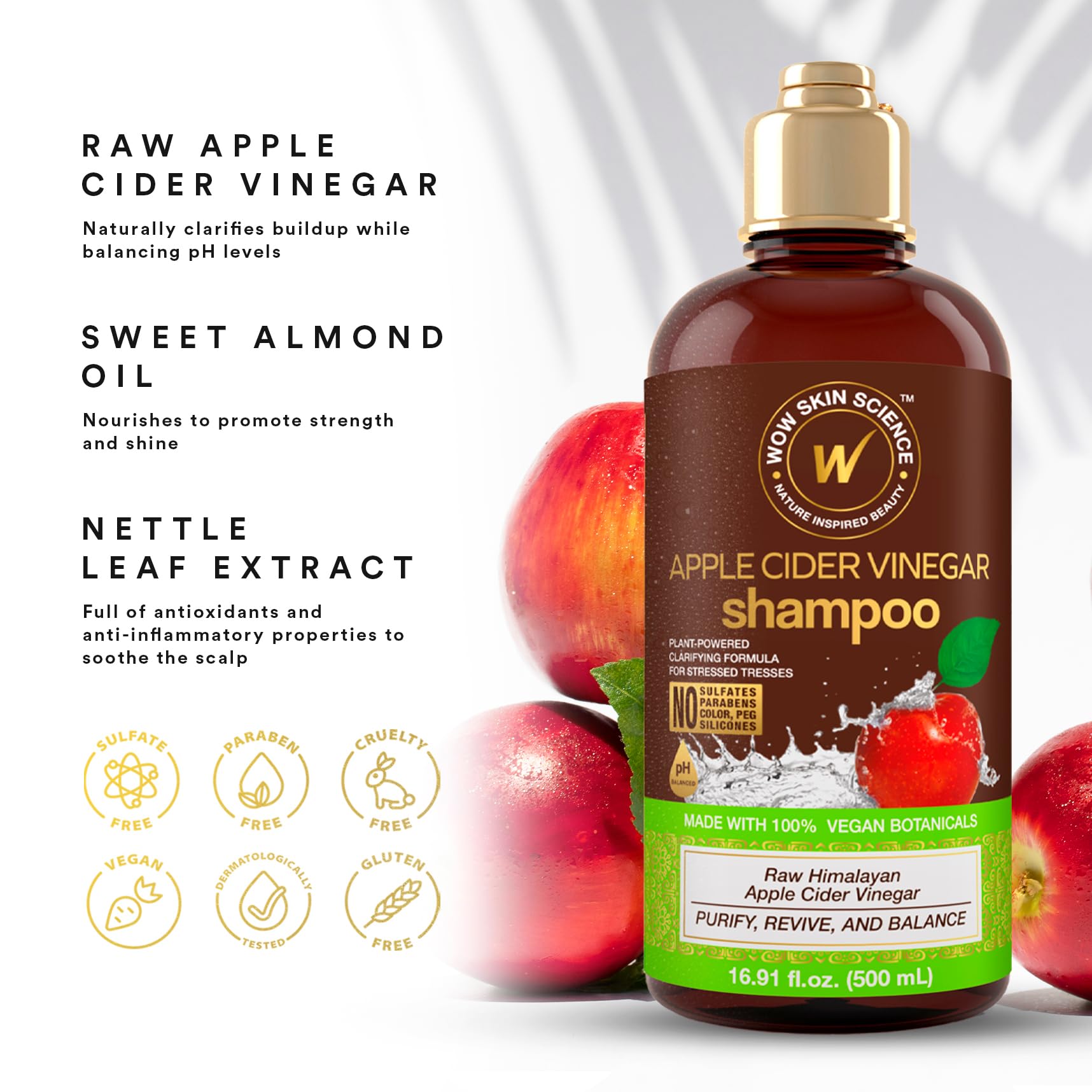 WOW Life Science Apple Cider Vinegar Shampoo label closeup highlights vegan formula