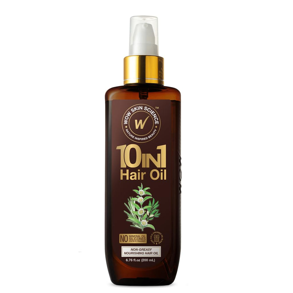WOW Skin Science 10 in 1 Hair Oil bottle highlighting nourishing blend for dry hair