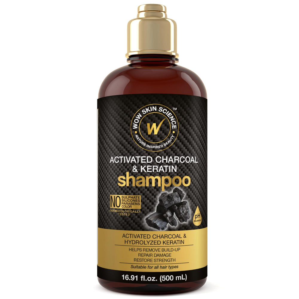 WOW Skin Science activated charcoal keratin shampoo bottle demonstrates purifying power for hair health.