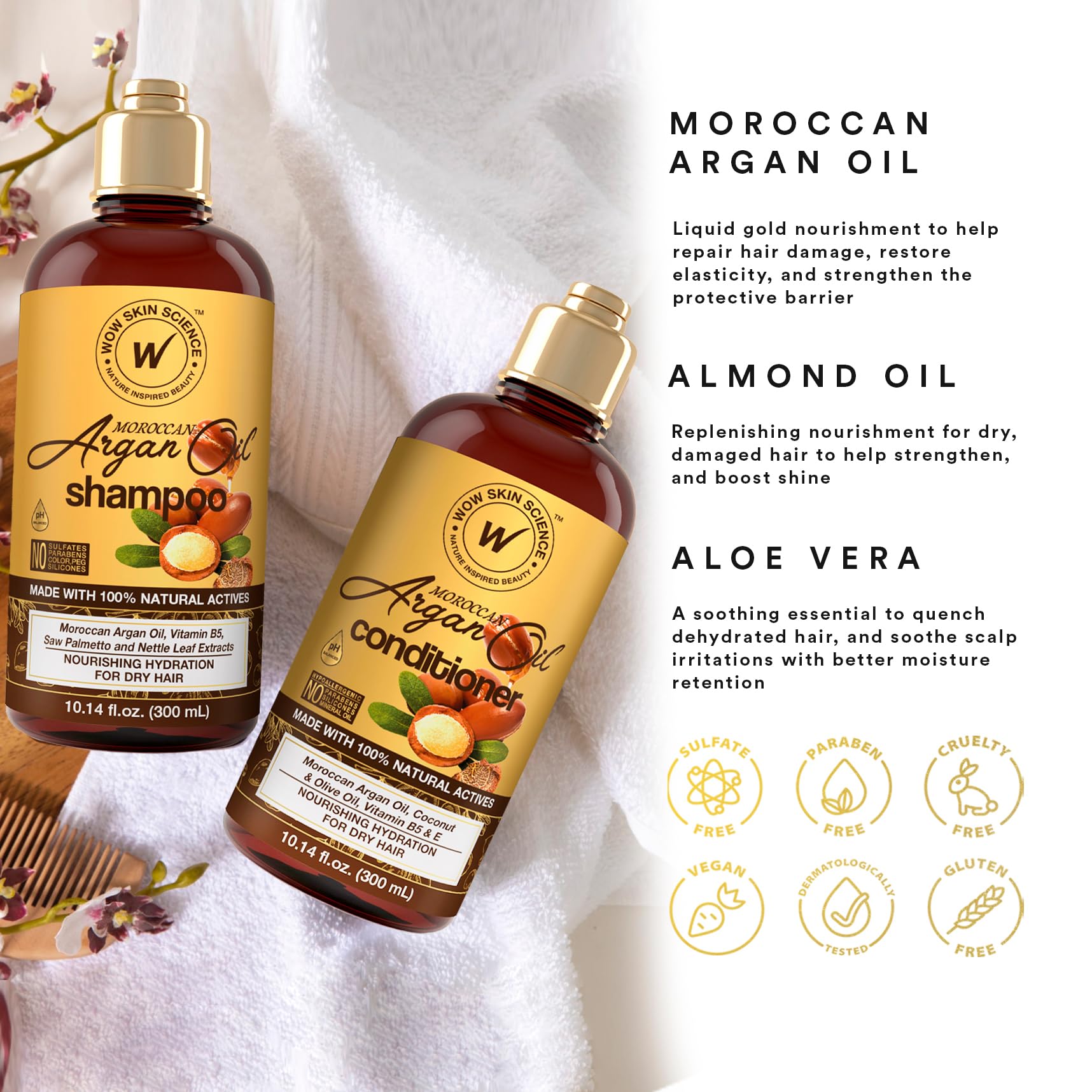 WOW Skin Science Moroccan Argan Oil Milk pour image emphasizing nourishing scalp hydration.