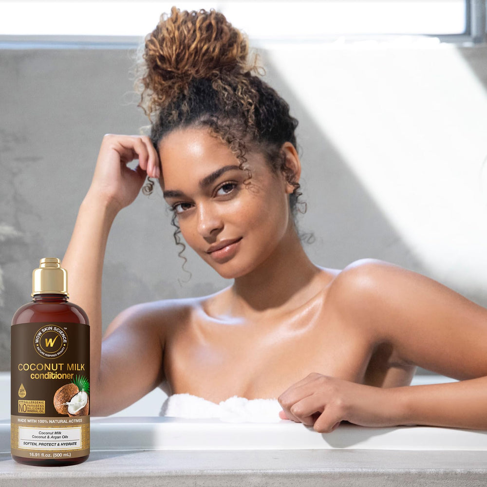 WOW Skin Science Coconut Milk Hair Conditioner label closeup featuring brand packaging