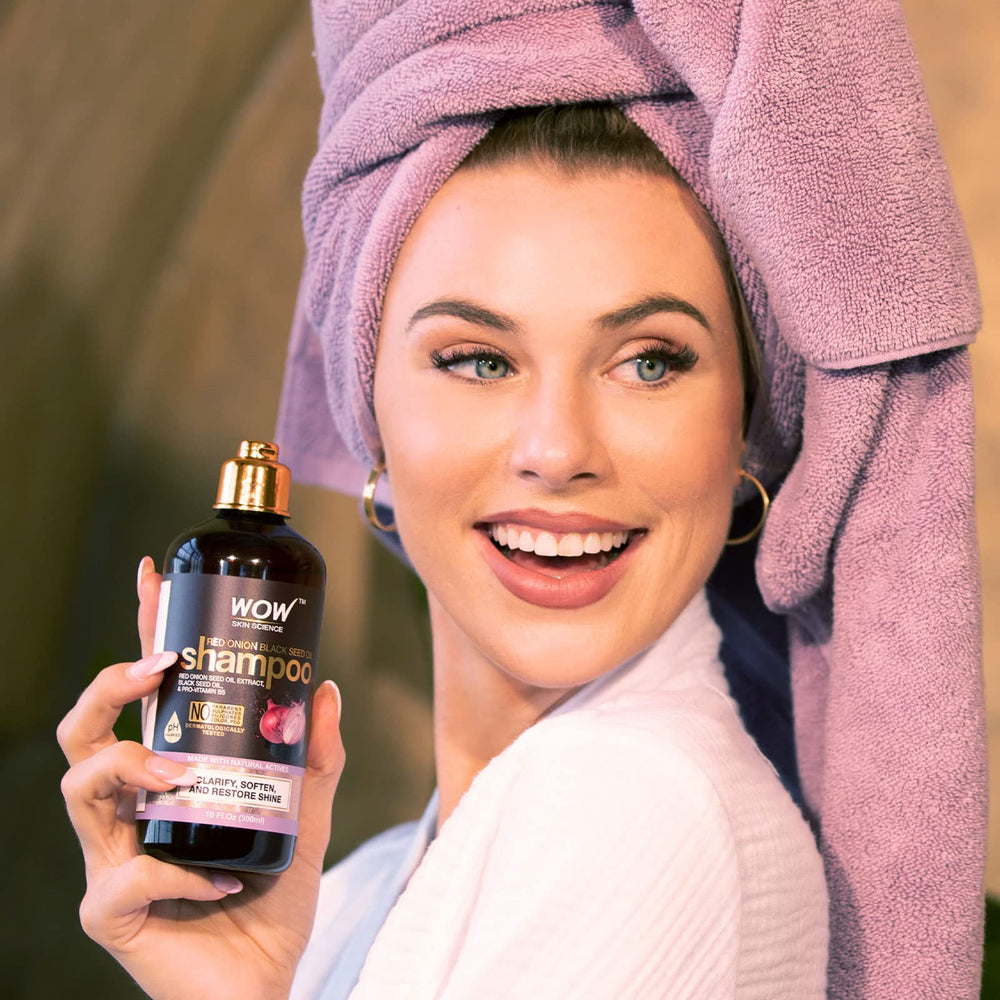 Hair appears shiny after using WOW Skin Science shampoo.