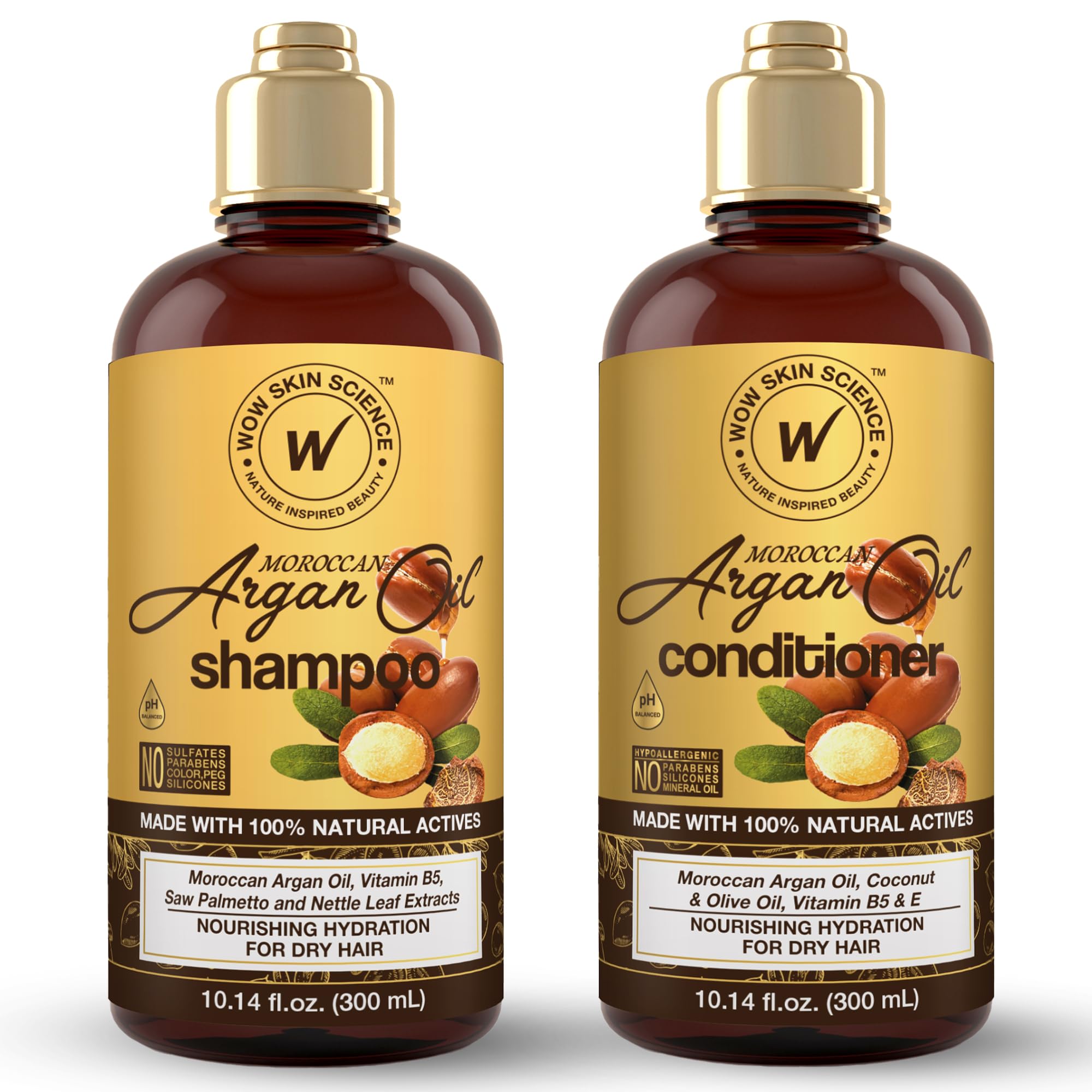 WOW Skin Science Moroccan Argan Oil Shampoo bottle close-up showing hydrating formula for shiny hair.