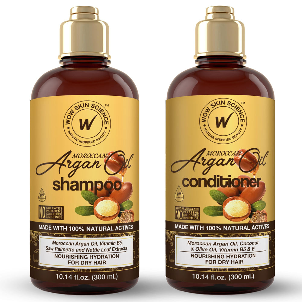 WOW Skin Science Moroccan Argan Oil Shampoo bottle close-up showing hydrating formula for shiny hair.