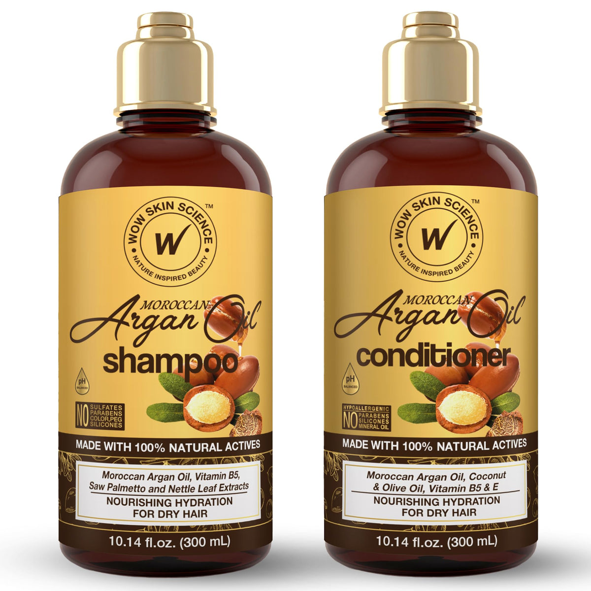 WOW Skin Science Moroccan Argan Oil Shampoo bottle close-up showing hydrating formula for shiny hair.