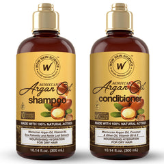 WOW Skin Science Moroccan Argan Oil Shampoo bottle close-up showing hydrating formula for shiny hair.