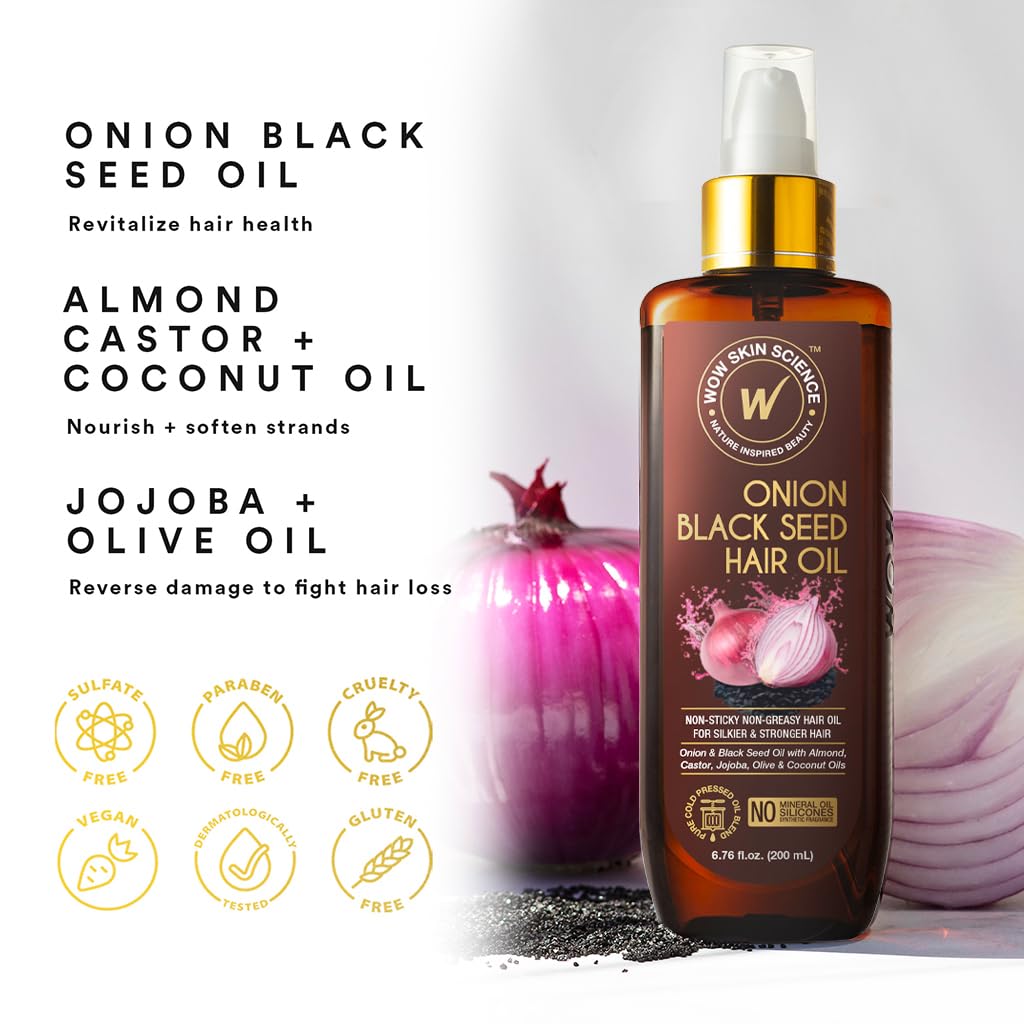 WOW Skin Science Onion Black Seed Hair Oil ingredient blend with almond castor and jojoba oils