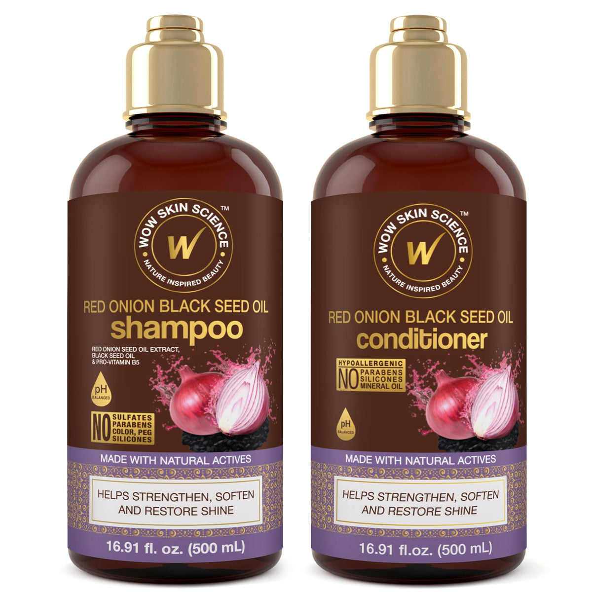 WOW Skin Science red onion shampoo bottle highlighting sulfate-free formula for soft, manageable hair