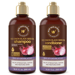 WOW Skin Science red onion shampoo bottle highlighting sulfate-free formula for soft, manageable hair