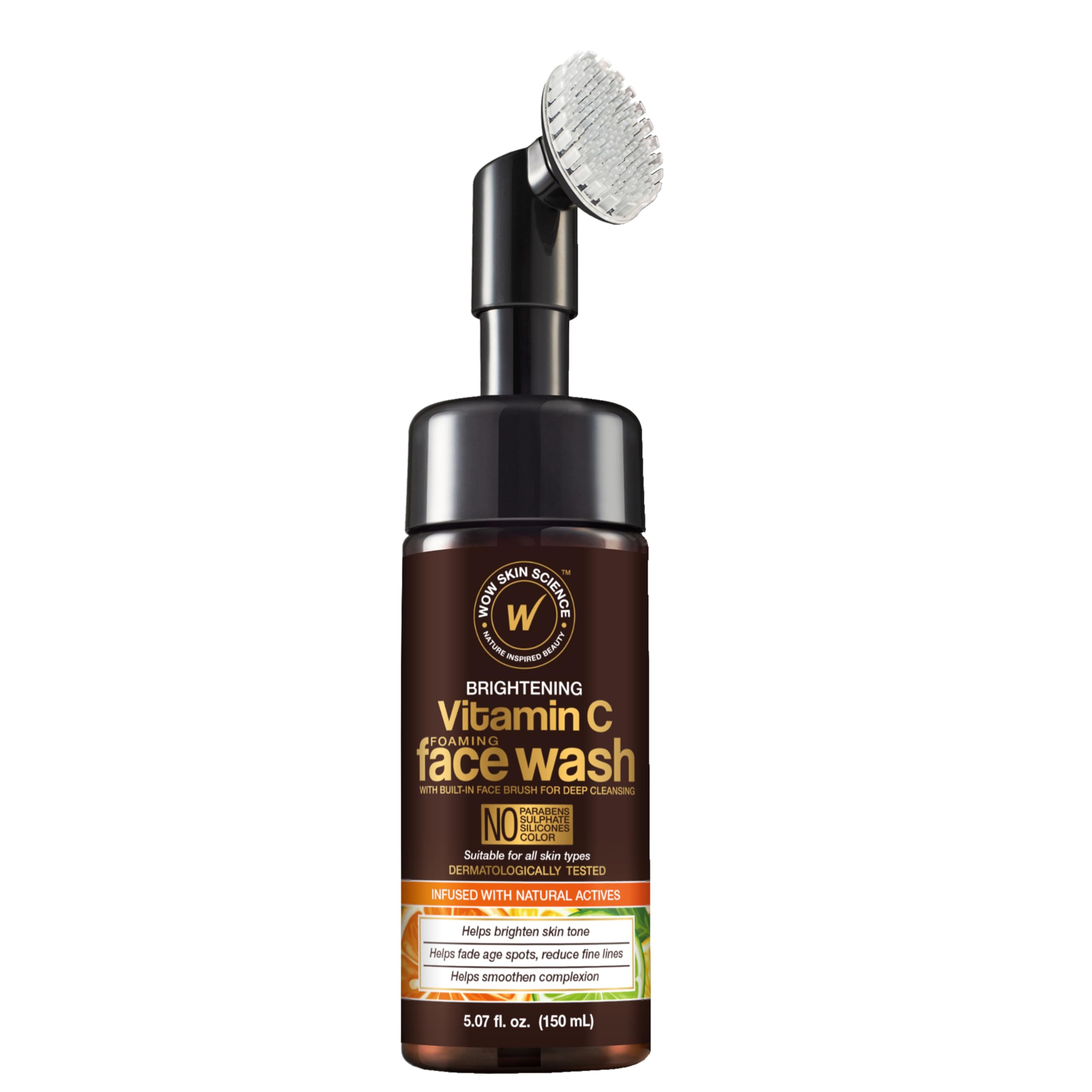 WOW Skin Science Vitamin C Face Wash & Brush bottle with integrated cleansing brush.