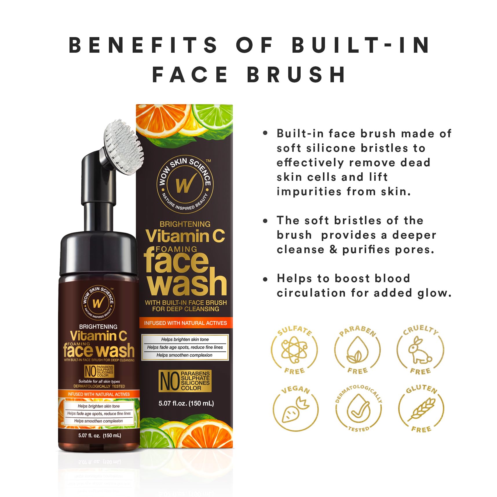 WOW Skin Science Vitamin C Face Wash vitamin C imagery signaling brightening potential.