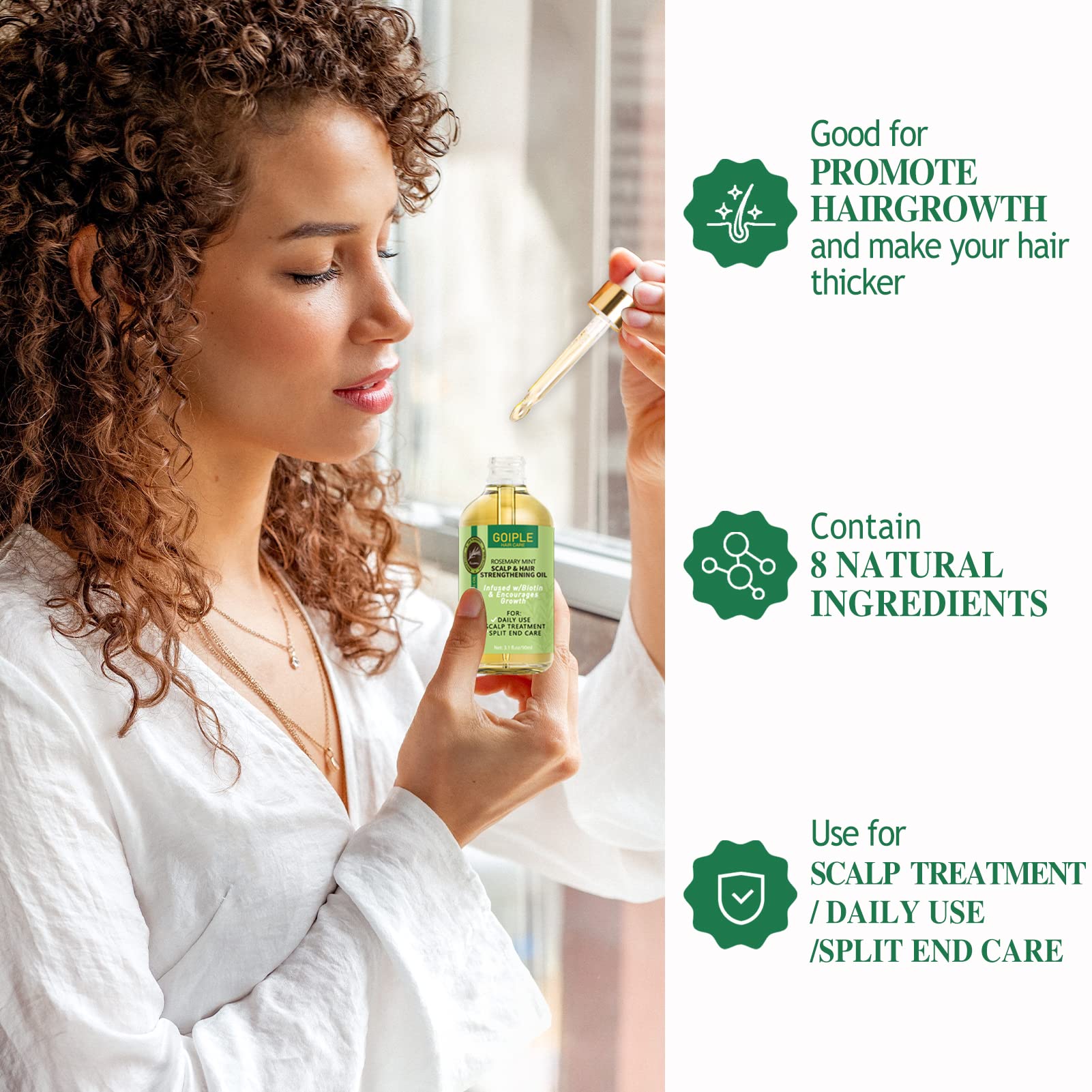 WOZUTUNT Rosemary Oil on hair strands providing moisture and shine