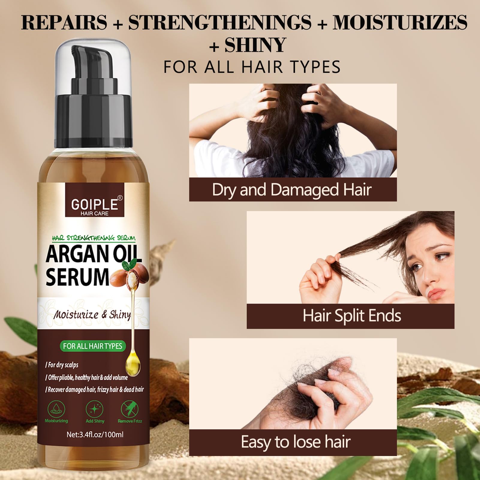WOZUTUT Argan Protein Hair Oil Serum applied on hair highlights nourishing shine.