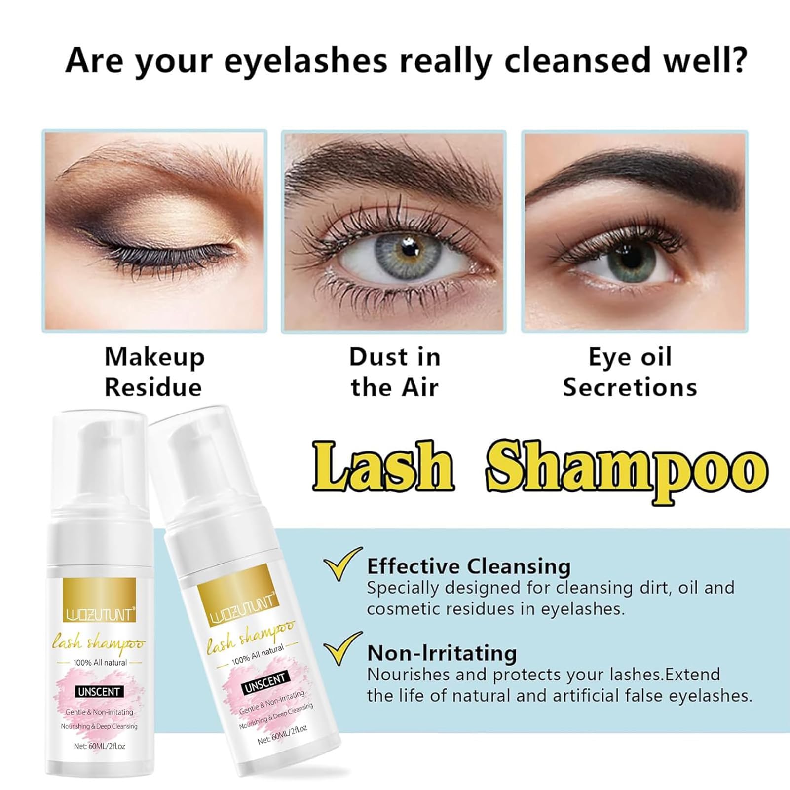 WOZUTUNT bottle holds unscented lash shampoo for a smooth foaming cleanse.