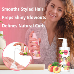 WOZUTUNT peach-scented styling cream application showing fragrance and smoothing
