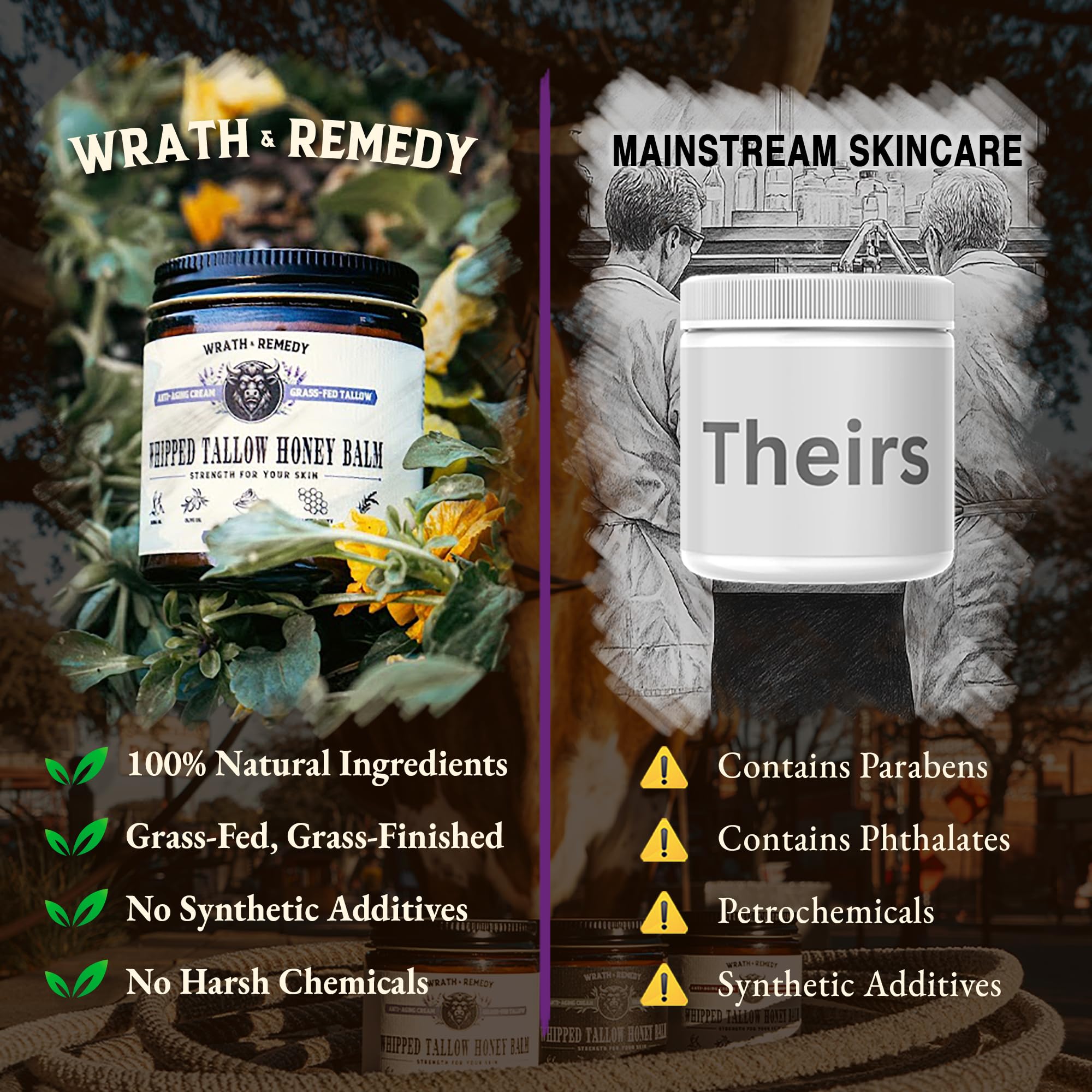 Wrath & Remedy grass-fed cows grazing imagery highlights pasture-raised origins.