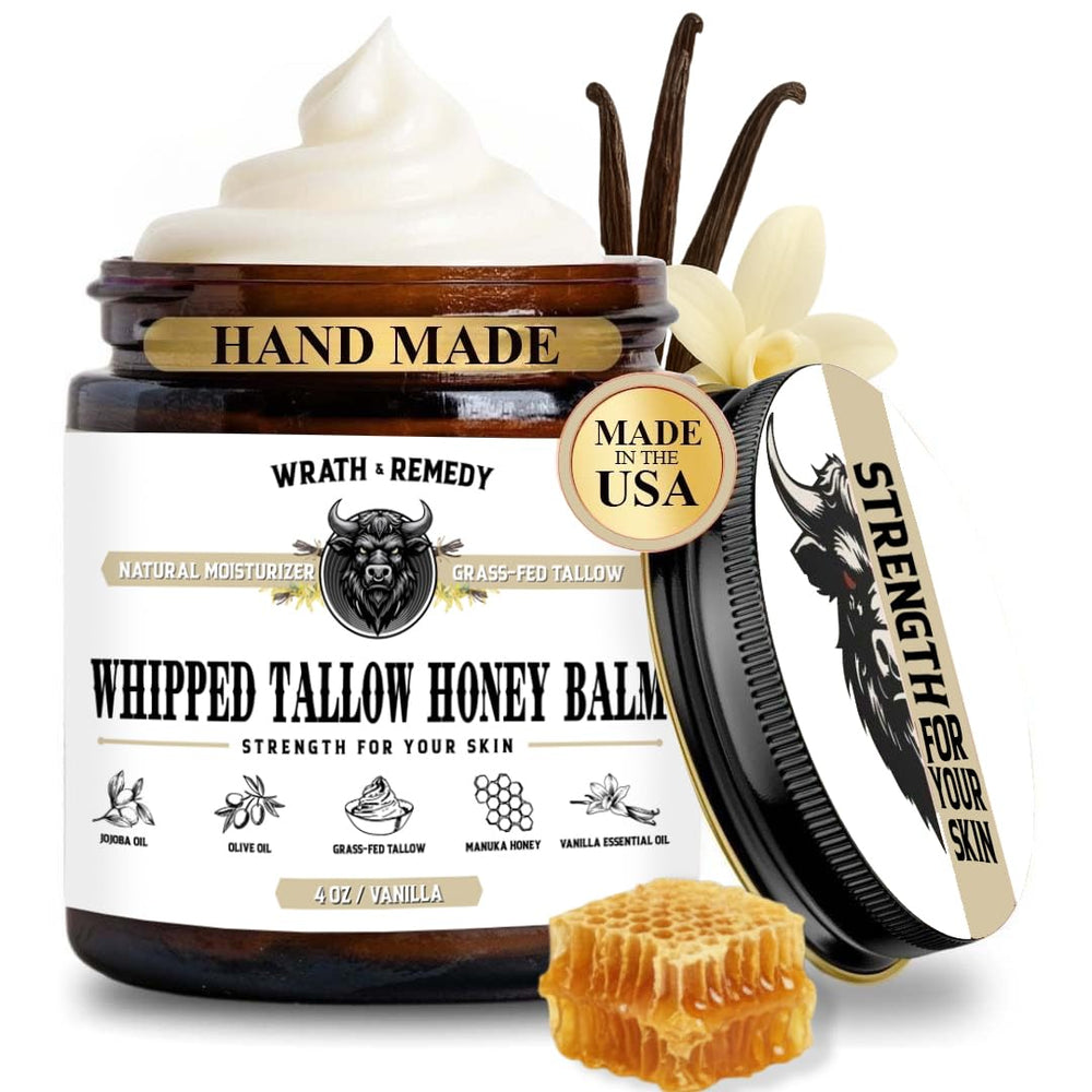 Wrath & Remedy vanilla tallow balm jar with whipped texture for deep hydration