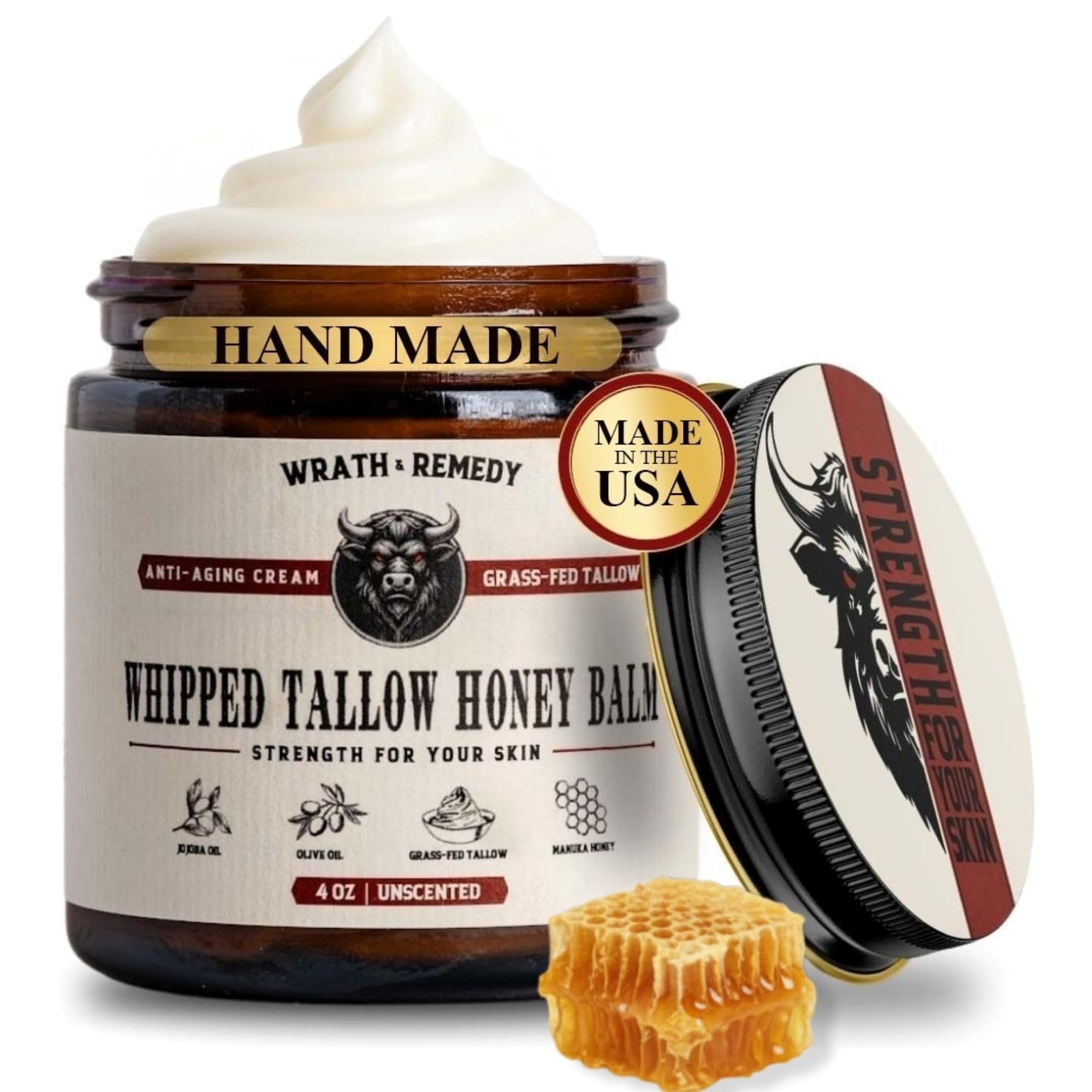 Wrath & Remedy whipped tallow honey balm jar shows luxurious texture for deep skin hydration.