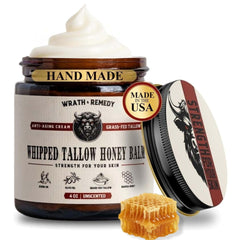 Wrath & Remedy whipped tallow honey balm jar shows luxurious texture for deep skin hydration.