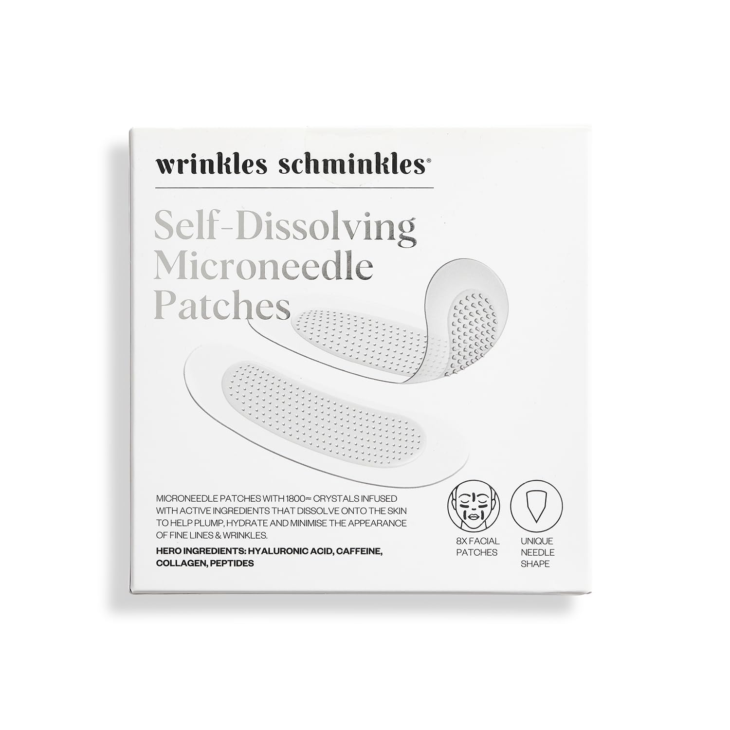 Wrinkles Schminkles self-dissolving microdart patch on the face for targeted wrinkle care.