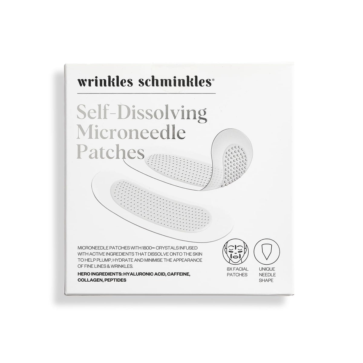 Wrinkles Schminkles self-dissolving microdart patch on the face for targeted wrinkle care.