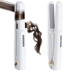 WSATFB cordless 2-in-1 straightener-curler in use for versatile styling.