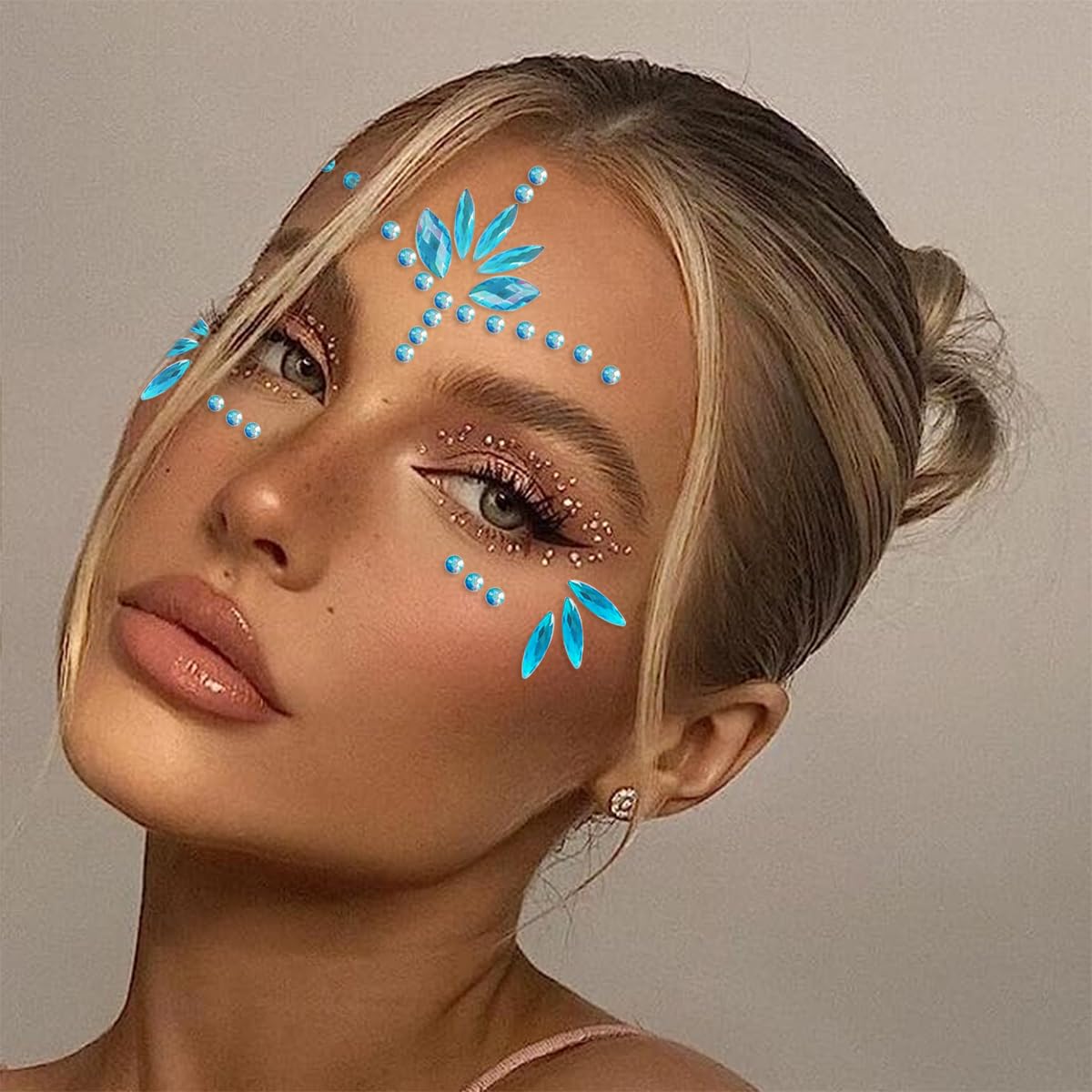WUIOS Mermaid face gems blue festival-look sparkle that lasts through dancing