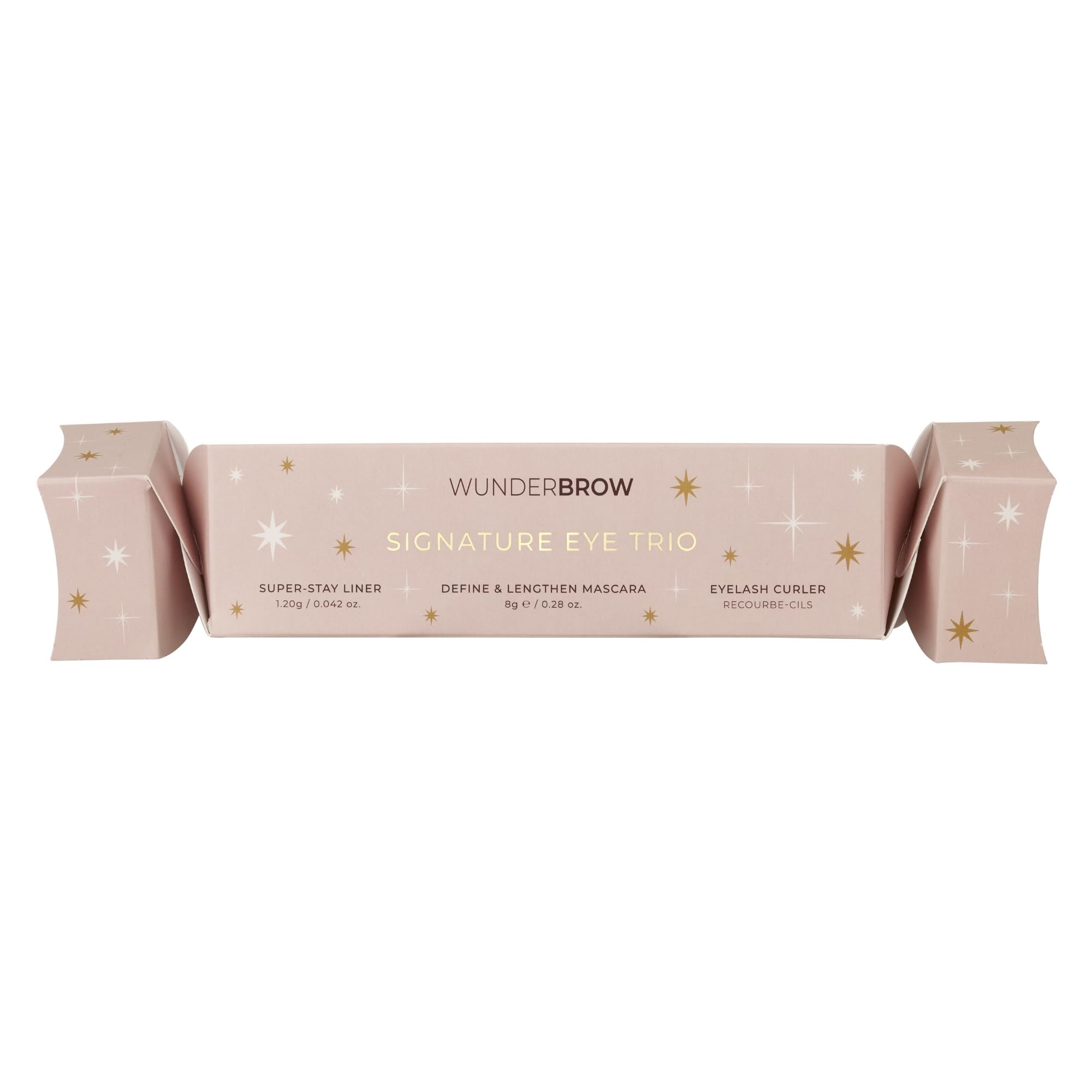 WUNDERBROW Festive cracker packaging opens to reveal mascara, liner, and curler.