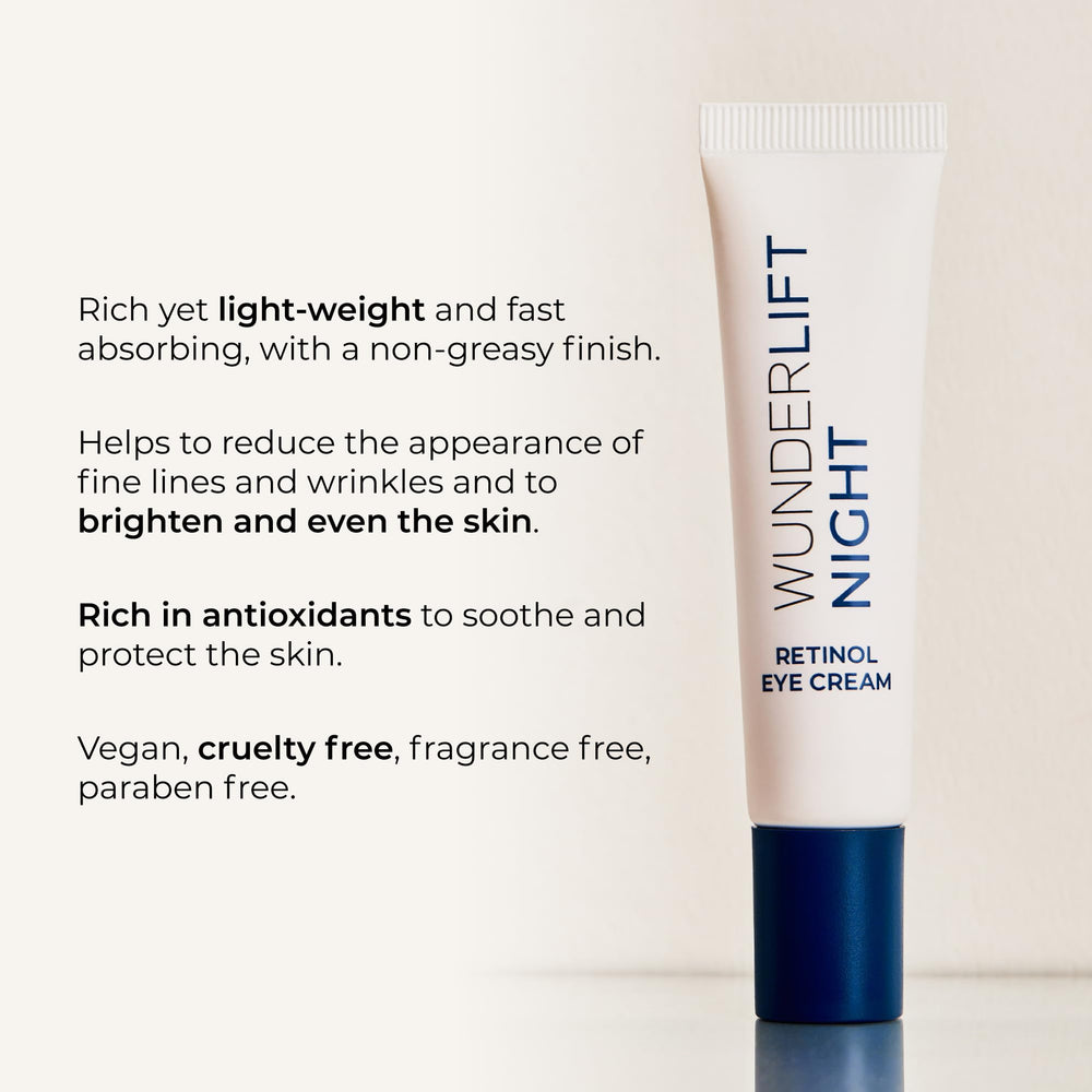 Application of Wunderlift Night Eye Cream demonstrated with ring finger pat around the eye.