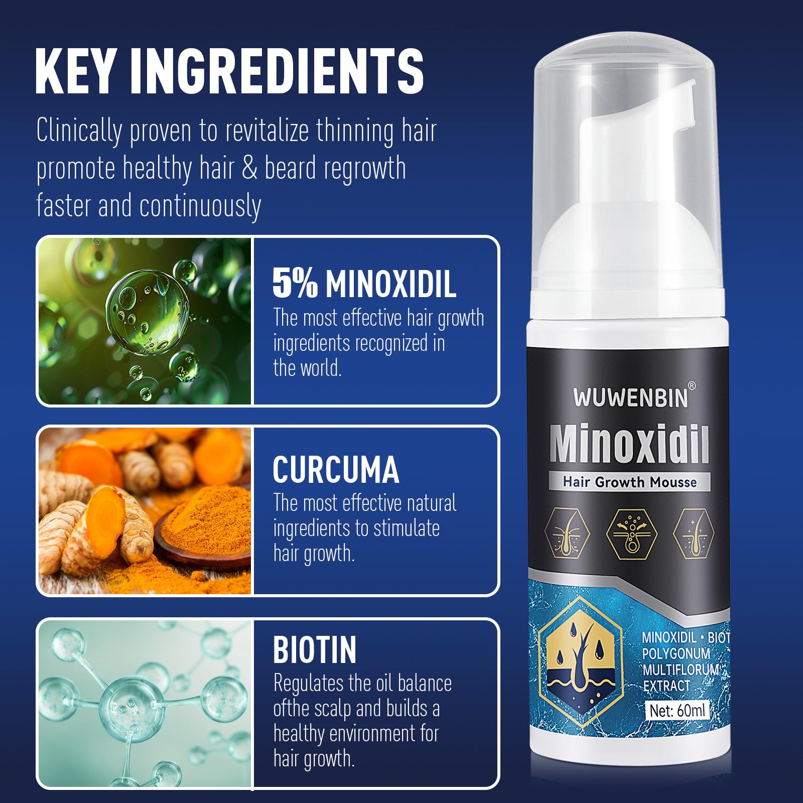 Close-up of Wuwenbin minoxidil label with brand and usage details
