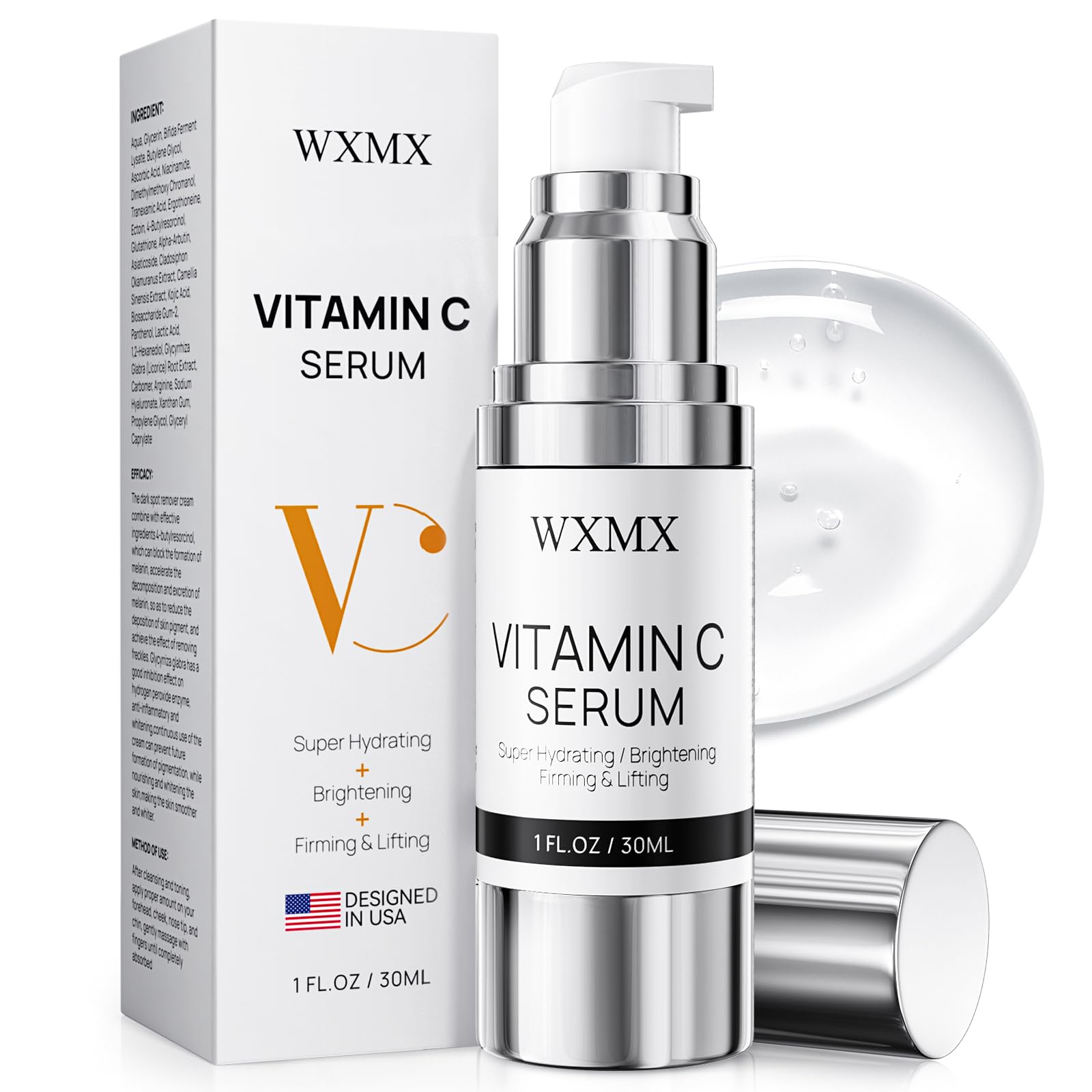 WXMX Super C Serum bottle with pump showing hydrating formula and ease of use