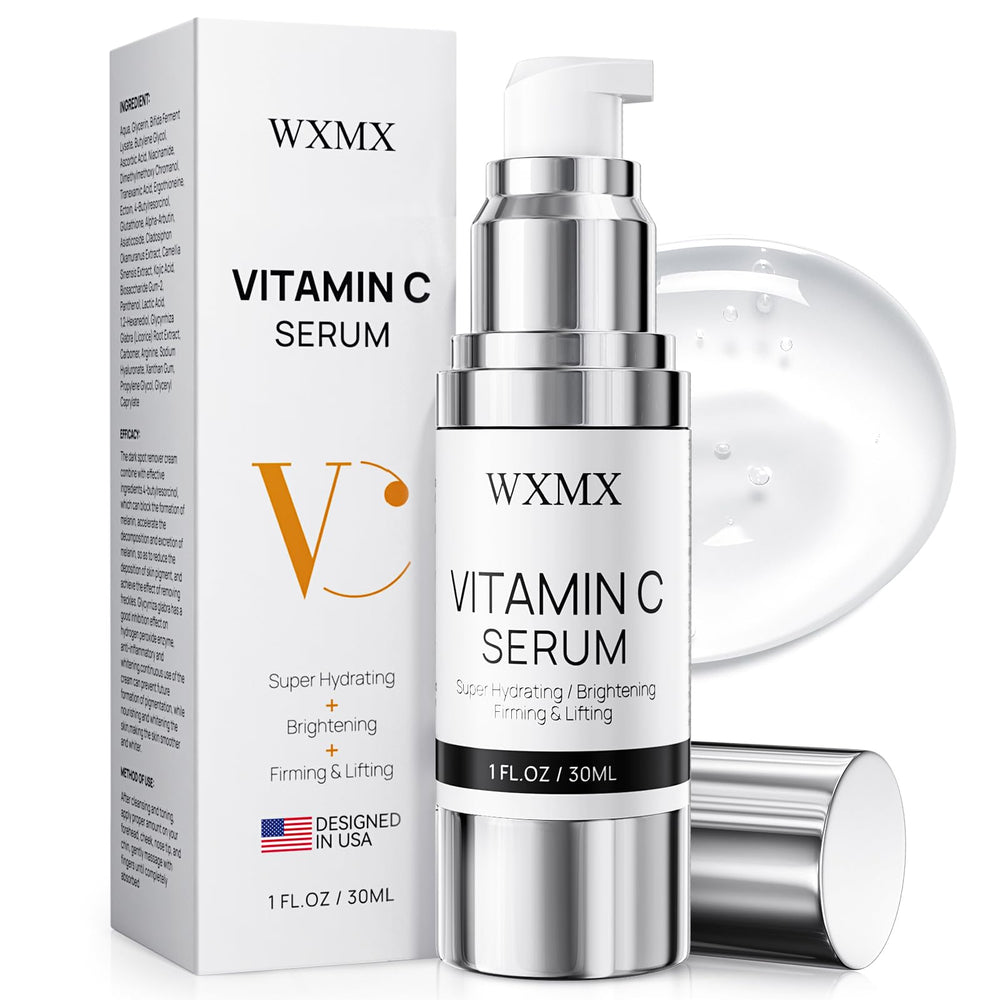 WXMX Super C Serum bottle with pump showing hydrating formula and ease of use