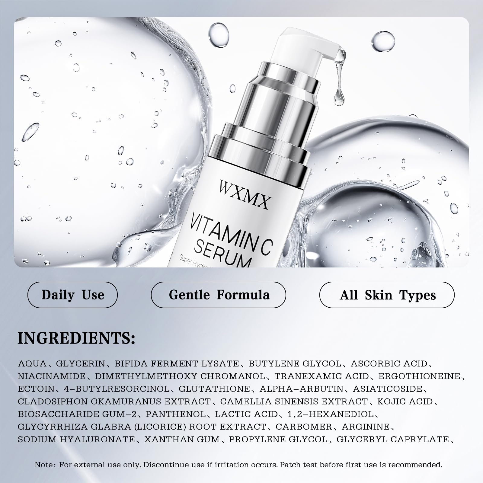 Droplet of WXMX Super C Serum on hand illustrating hydration