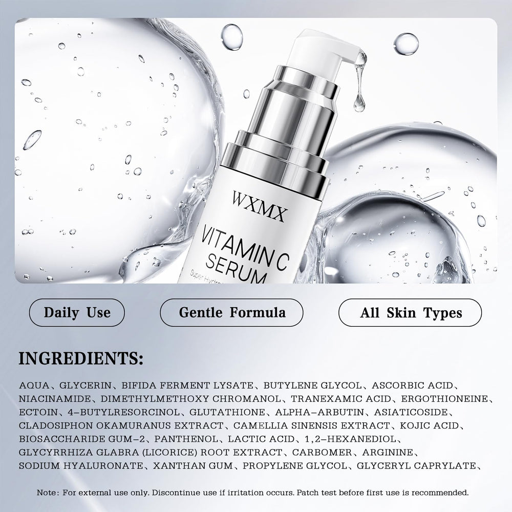 Droplet of WXMX Super C Serum on hand illustrating hydration