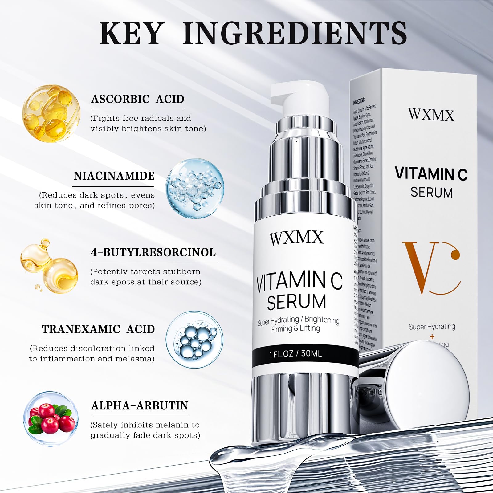 Close-up texture of WXMX Super C Serum highlighting rich, nourishing consistency