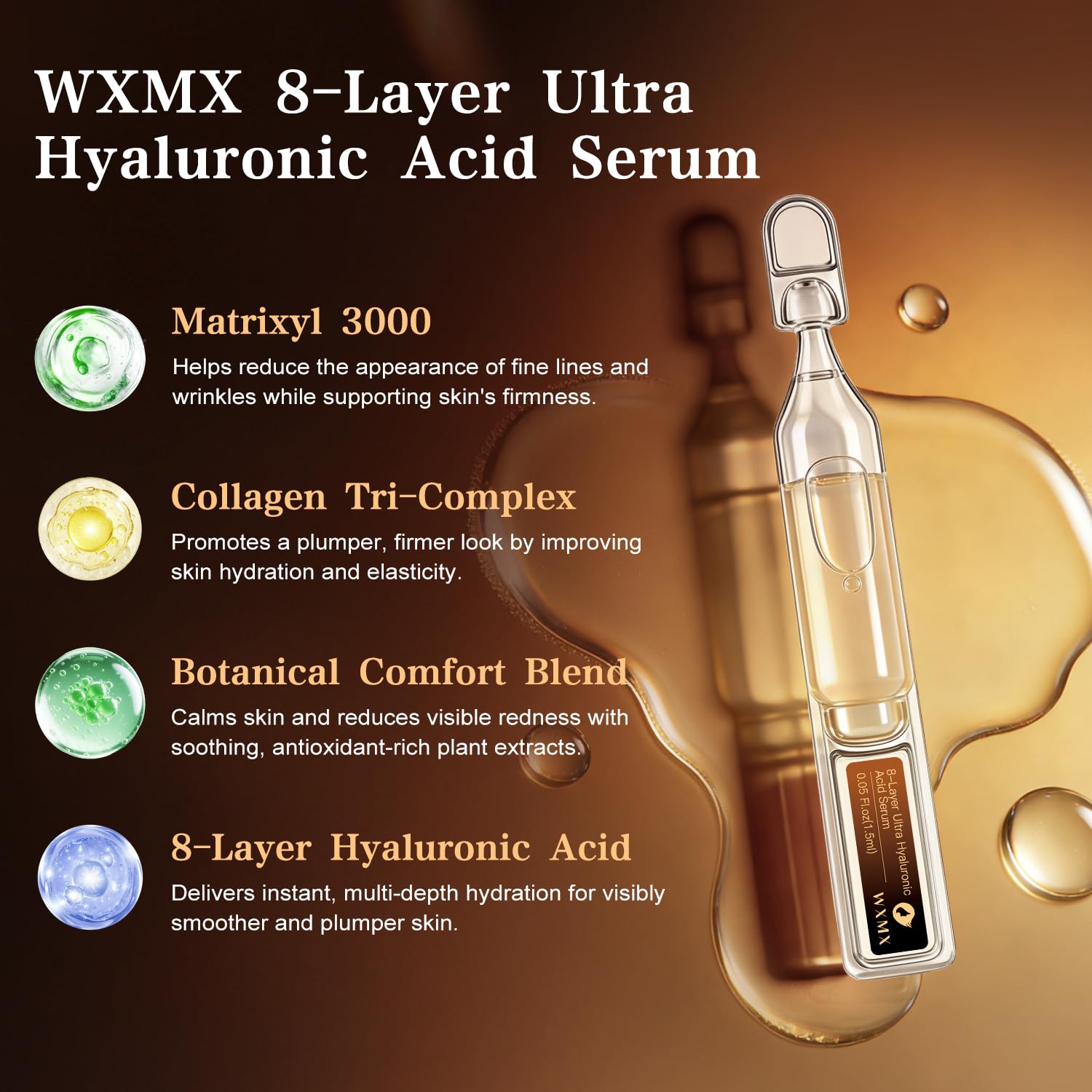WXMX Ultra Hyaluronic Acid Serum 8-forms diagram illustrating multi-layer hydration.