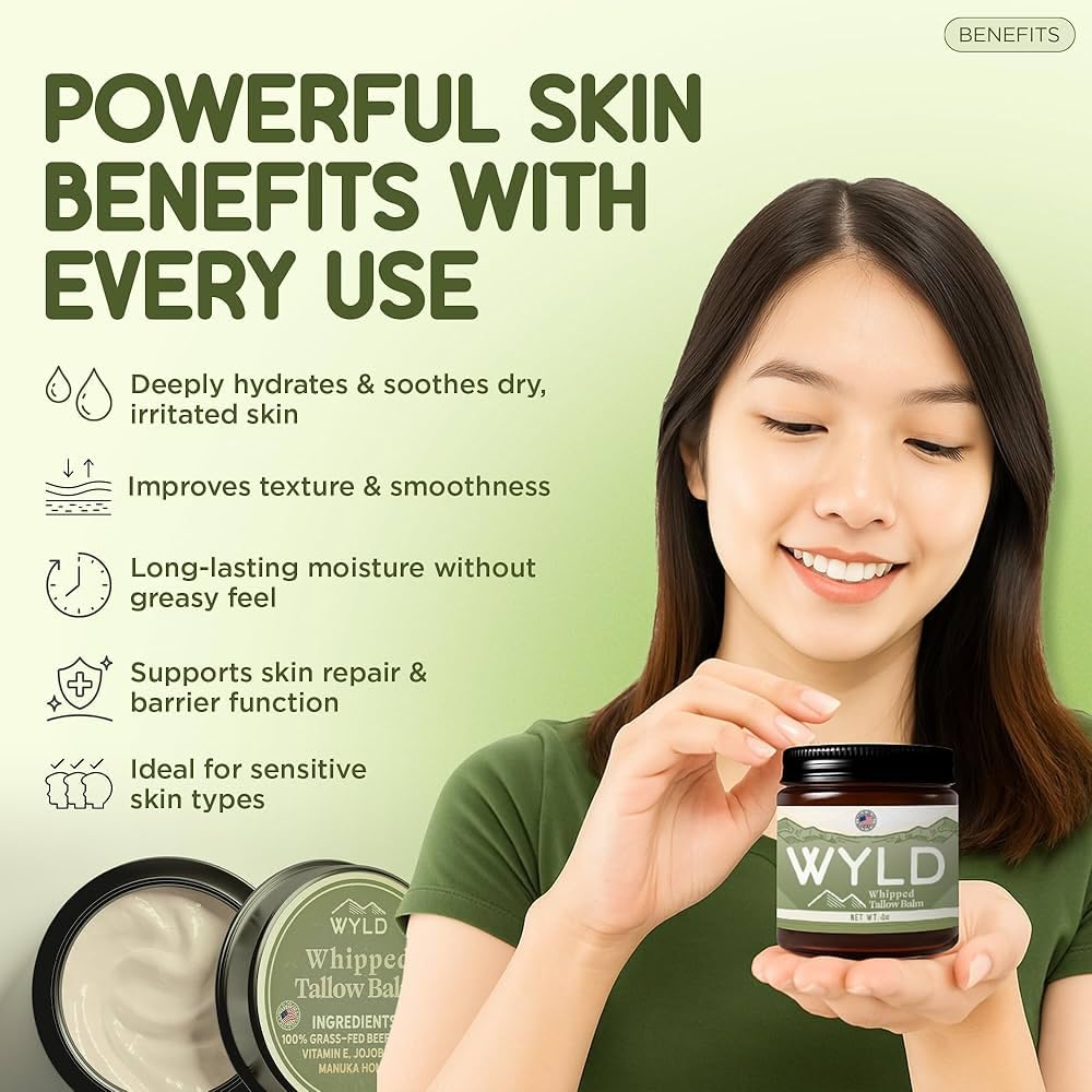 Wyld Skincare grass-fed tallow balm ingredients feature Manuka honey and jojoba oil