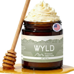 Wyld Skincare Grass-Fed Tallow Balm jar close-up showing rich nourishing texture
