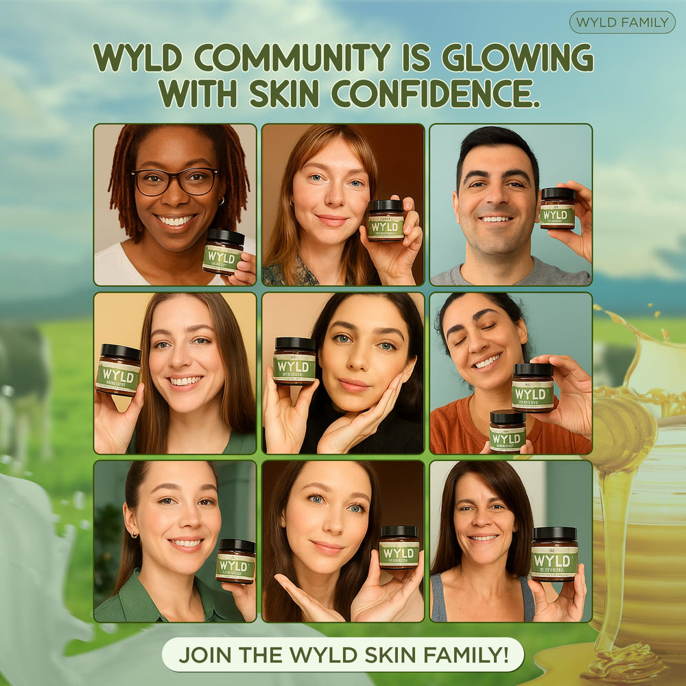 Wyld Skincare balm beside honey jar and plant promotes nourishing routine
