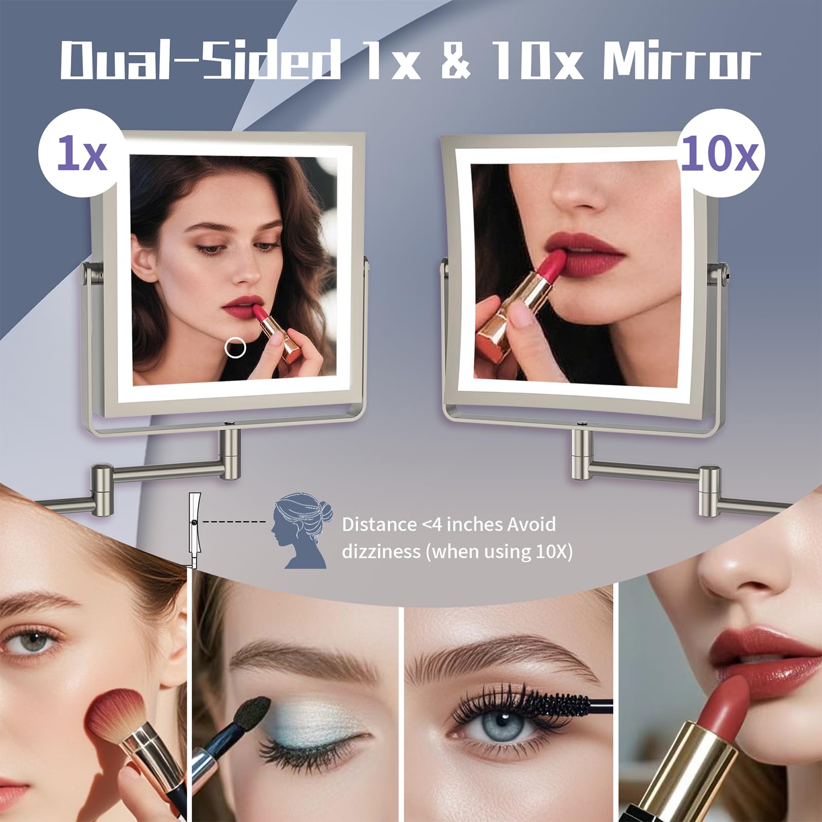 Double-sided mirror offers 1x and 10x magnification for overall view and detail