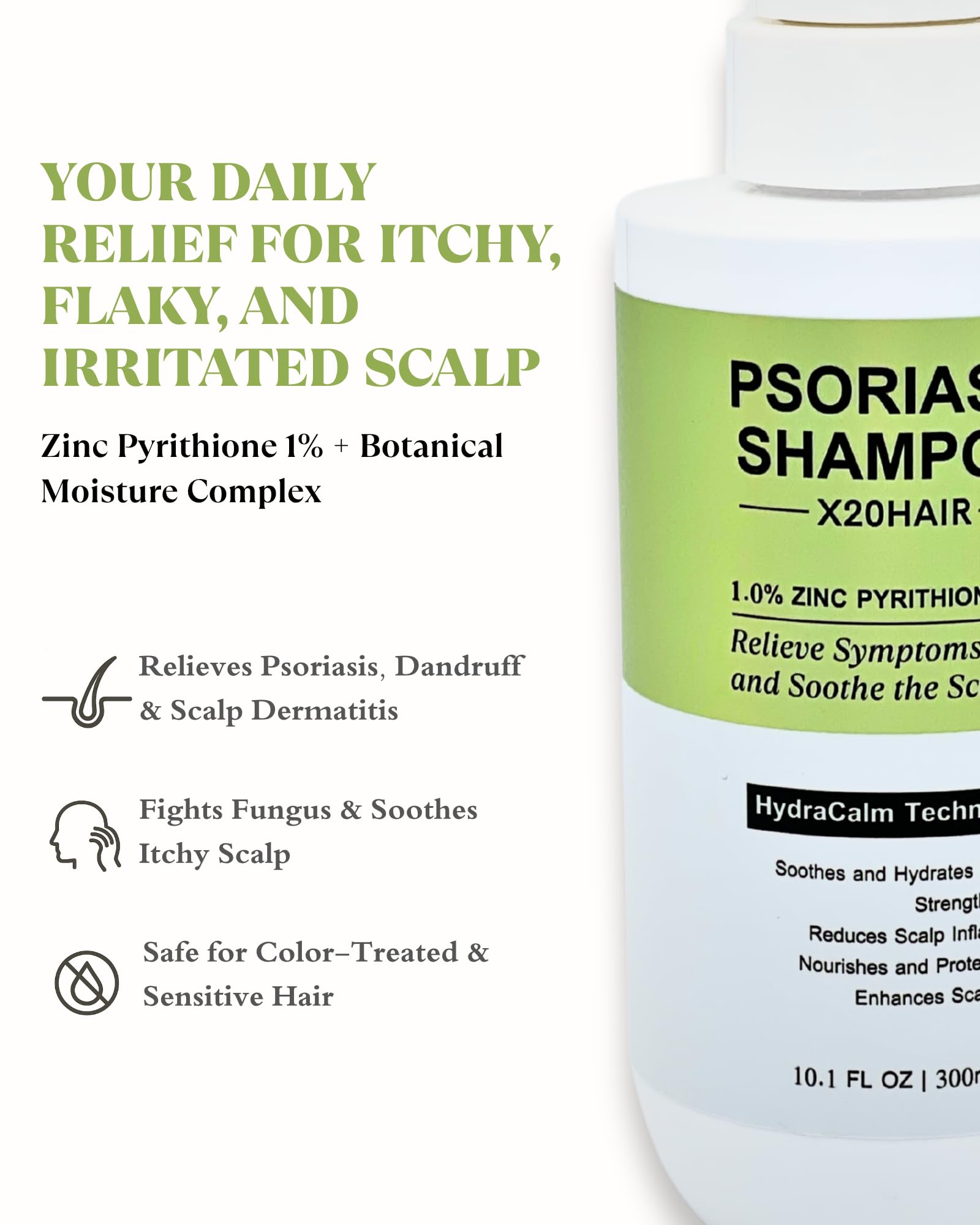 X20Hair psoriasis shampoo pour action suggesting effortless application and cooling cleanse