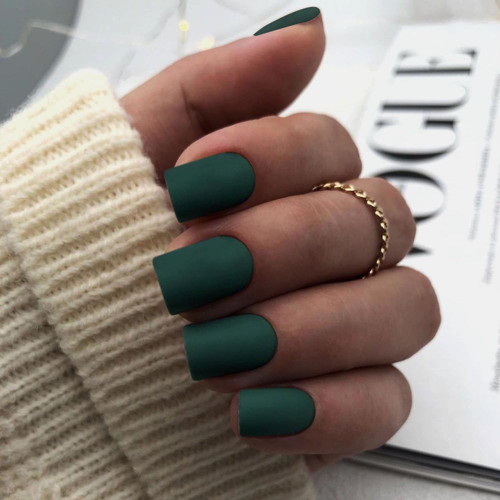 XCREANDO Matte Emerald Green press-on nails square shape ready for daily wear