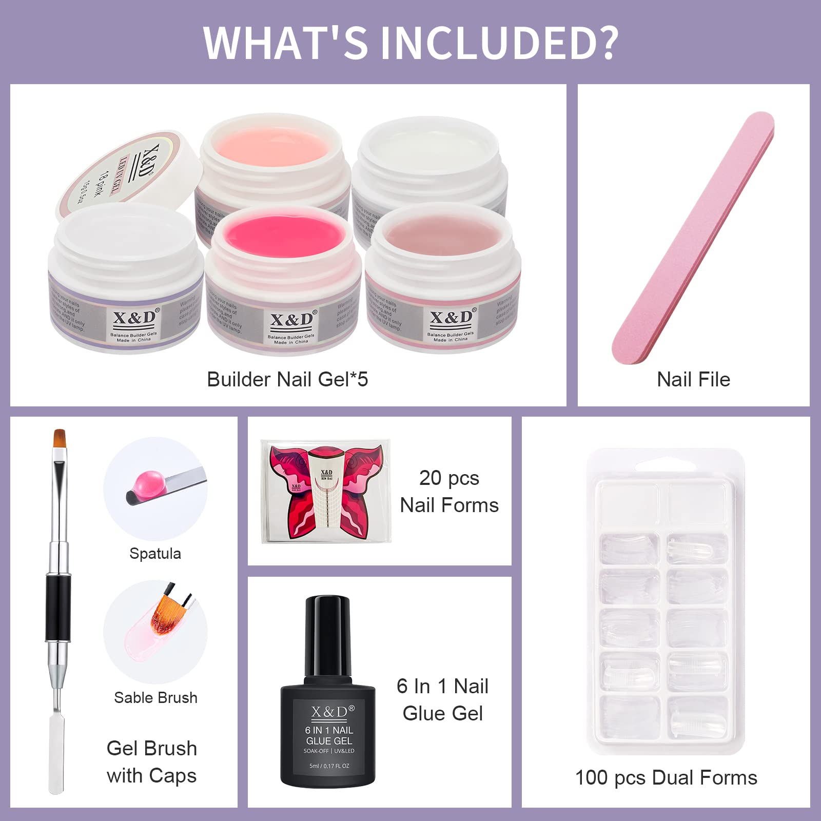 X&D polished gel brush and file kit for precise application and smooth finish.