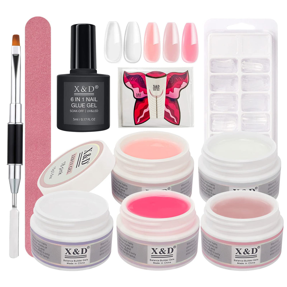 X&D Poly Gel Nail Kit with five colors for natural-looking nails and versatile nail art.